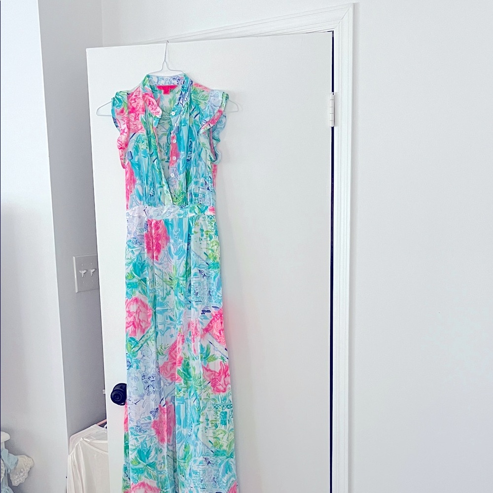 Rare Lilly pulitzer Palm beach silk maxi dress bohemian queen size 0